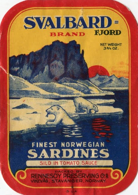Svalbard Brand label, polar bear eating herring on an ice floe