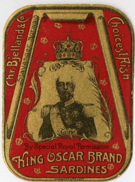 King Oscar sardine can label with King Oscar of Sweden and Norway pictured in a sardine can