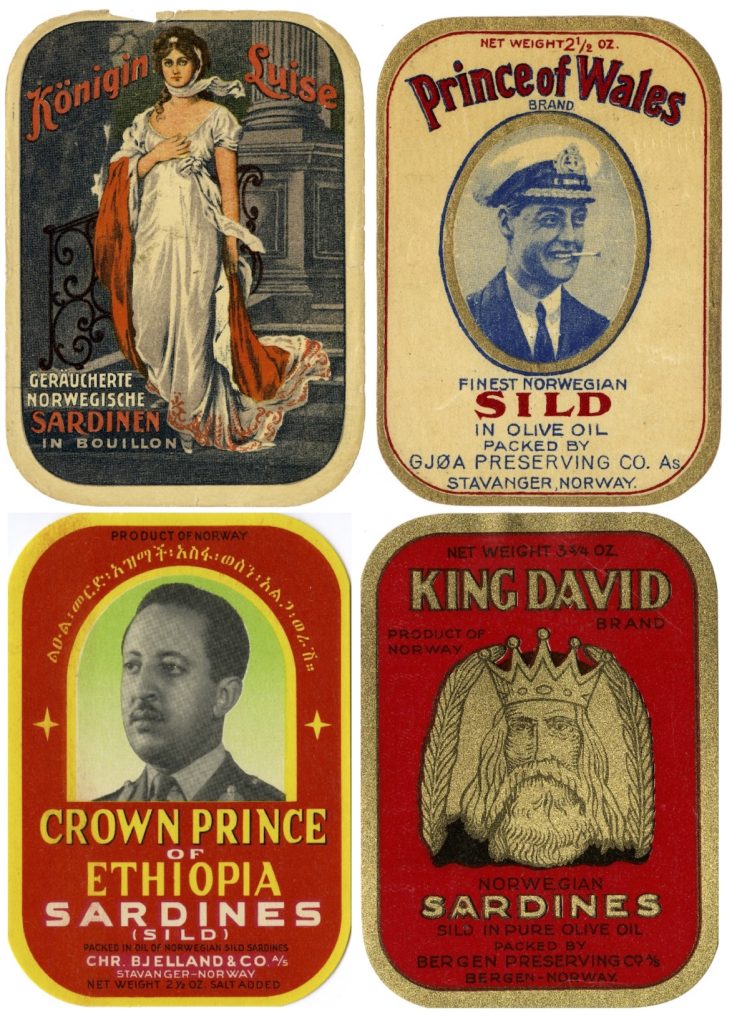 Selection of 4 sardine can labels: Konigin Luise, the Prince of Wales, the Crown Prince of Ethiopia and the biblical King David