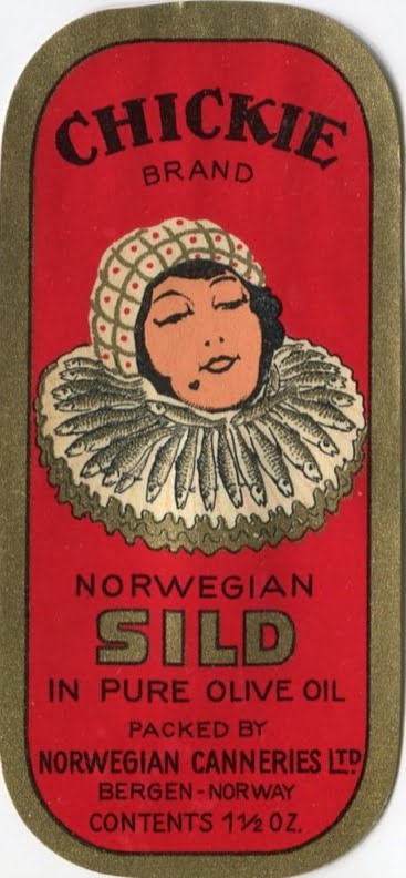 Chickie sardine can label with an image of a fashionable 20s woman wearing a ruff decorated with sardines