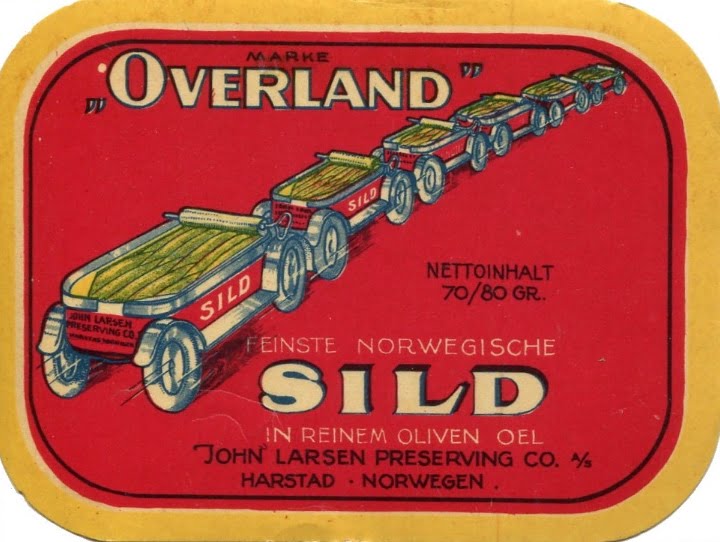 Label with a self-driving train of open sardine cans