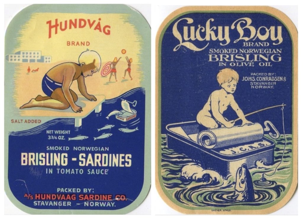 Labels with little children - one watching sardines leap into a floating tin by the beach, the other fishing for sardines from a sardine can boat