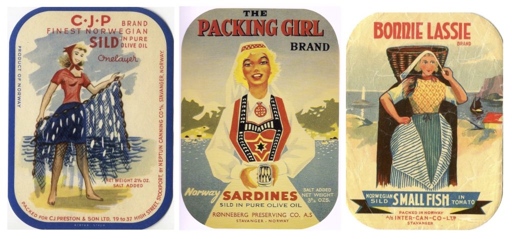Compilation of 3 labels featuring images of young women in the sardine industry, one shaking out the nets, one a packing girl, one a traditional fisher lass