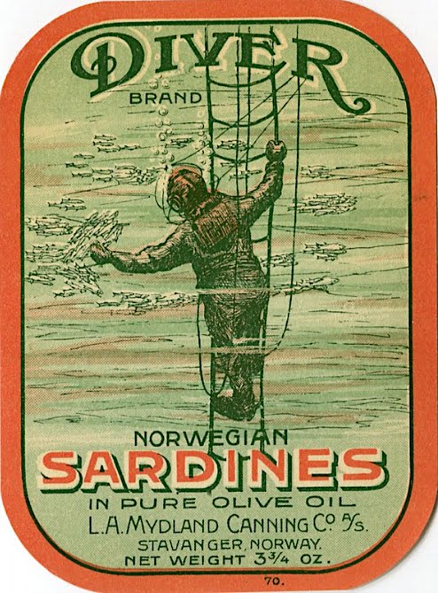 Label with a diver on a ladder catching sardines