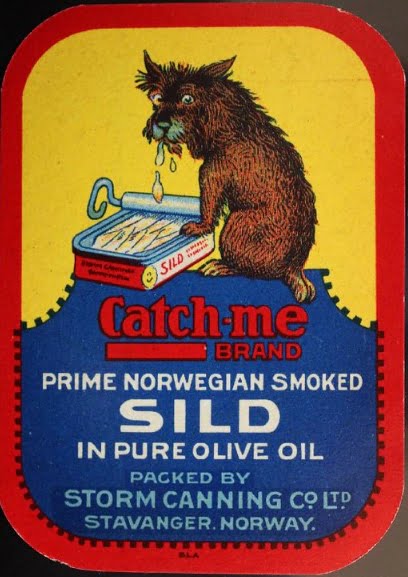 Label with a feral-looking dog drooling over an open tin of sardines