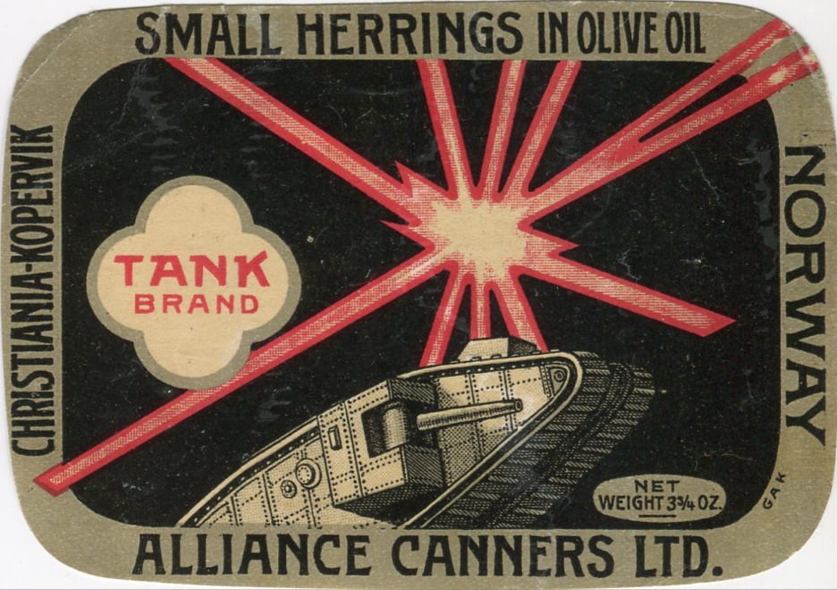 Tank brand label featuring the British Mark I tank introduced at the Somme