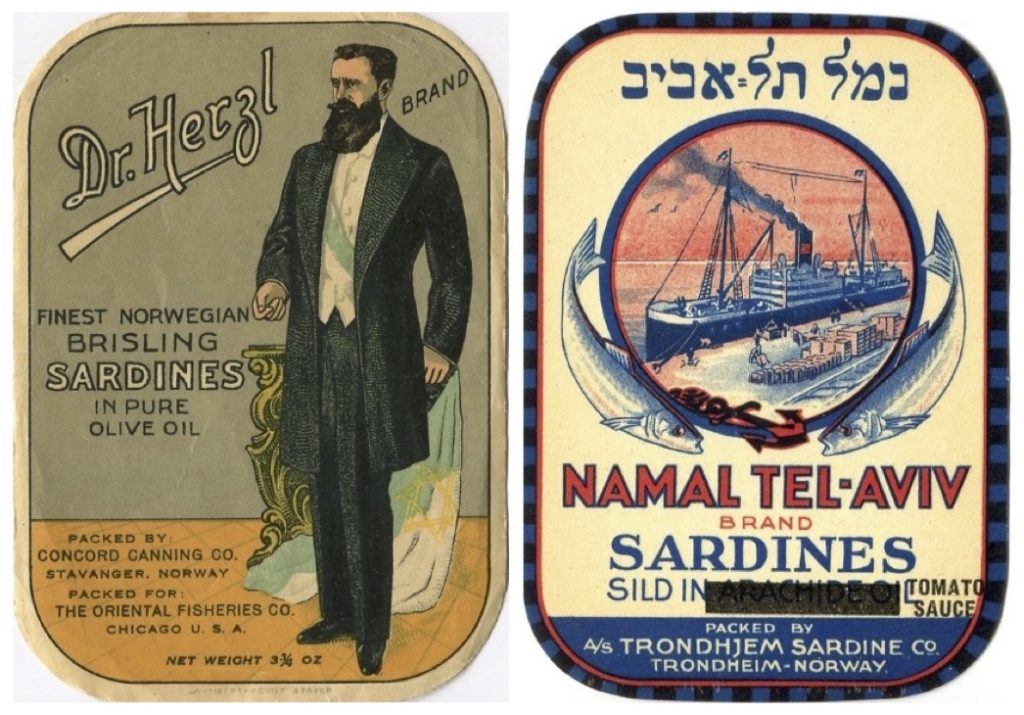 2 Labels, one featuring Dr Herzl, founder of Zionism, the other a cargo ship unloading on Tel Aviv quayside
